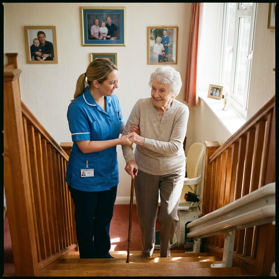 Professionelle Pflegerin unterstützt Seniorin beim Treppensteigen