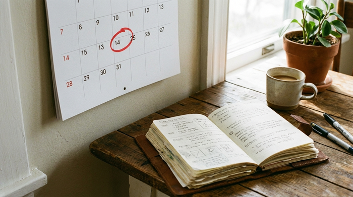 Wandkalender mit rot markiertem Datum neben einem Notizbuch auf dem Tisch
