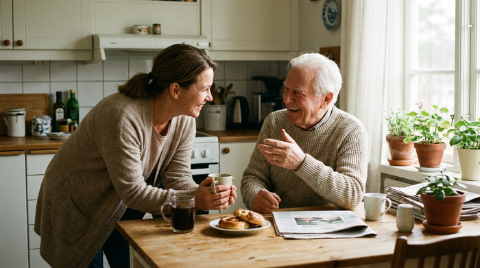 Pflegerin und Senior im entspannten Gespräch am Küchentisch