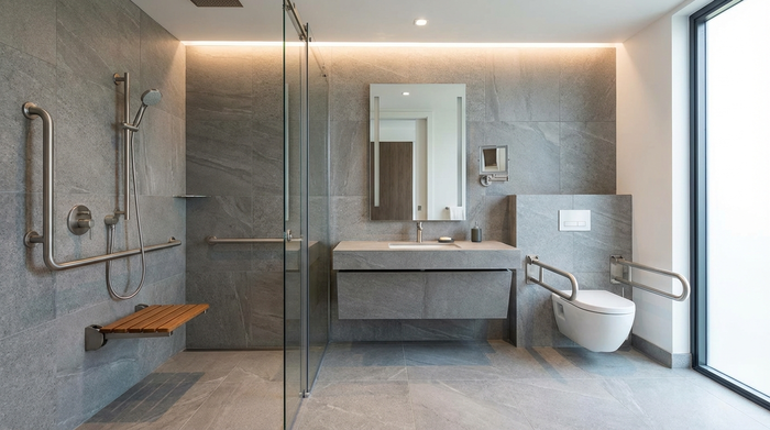 Modernes, barrierefreies Badezimmer mit Haltegriffen und Duschsitz