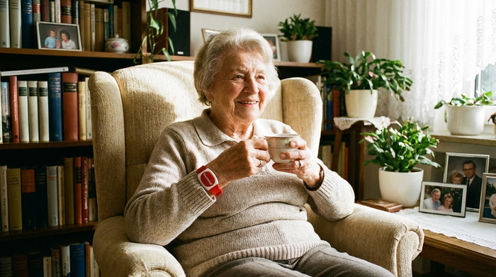 Seniorin mit Hausnotruf-Armband am Handgelenk