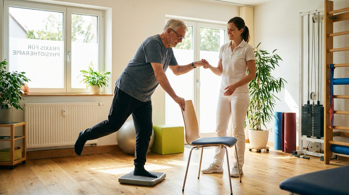Älterer Herr macht leichte Gleichgewichtsübungen mit einer Physiotherapeutin in einem hellen Raum
