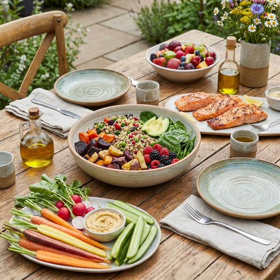 Gesunde, farbenfrohe Mahlzeit mit frischem Gemüse auf einem Esstisch
