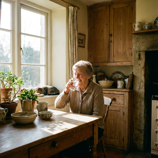 Ältere Dame trinkt ein Glas Wasser in einer sonnigen Küche