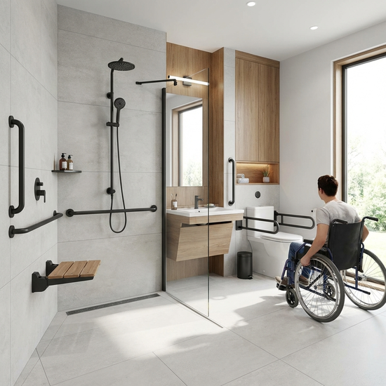 Modernes, barrierefreies Badezimmer mit bodengleicher Dusche und Haltegriffen