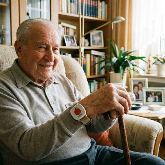 Hausnotruf-Gerät am Handgelenk eines Seniors