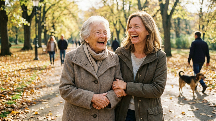 Ältere Dame und Tochter lachen gemeinsam bei einem Spaziergang im Park