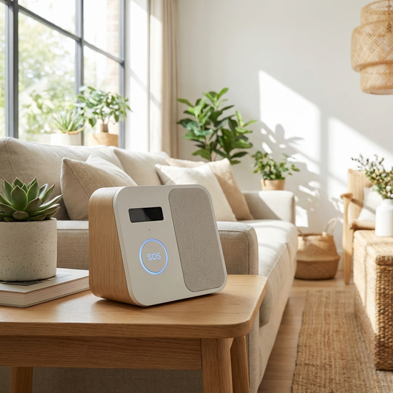 Moderne Hausnotruf-Basisstation auf einem Beistelltisch in einem hellen Wohnzimmer