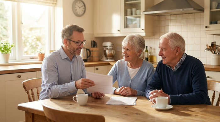Freundlicher Berater erklärt einem älteren Ehepaar am Küchentisch ein Dokument
