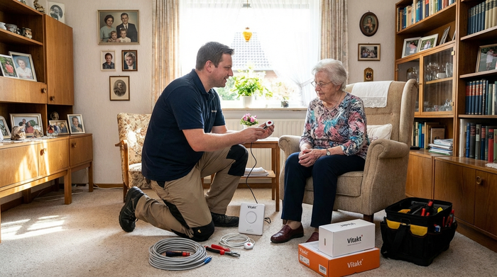 Techniker installiert ein Hausnotrufgerät im Wohnzimmer