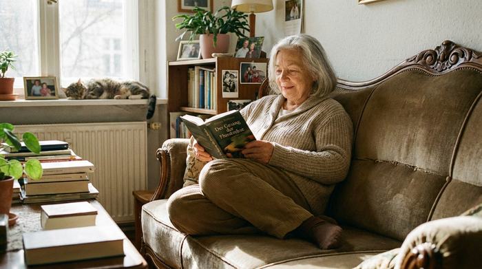 Entspannte Seniorin liest ein Buch auf dem Sofa