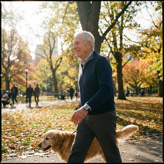 Senior mit einem unauffälligen GPS-Notrufgerät beim Spaziergang im Park