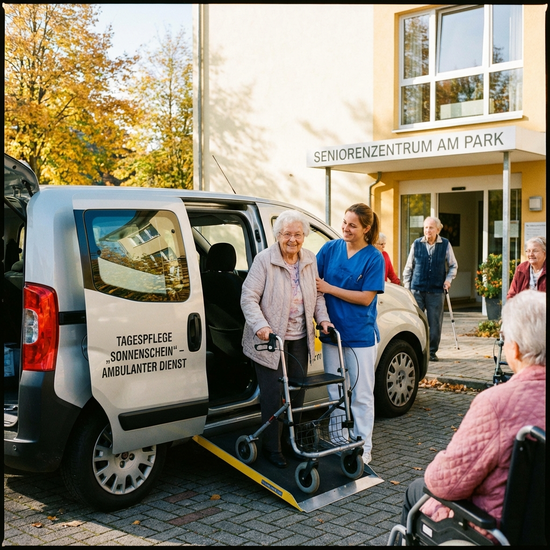 Seniorin steigt mit Hilfe einer freundlichen Pflegerin in einen Kleinbus für die Tagespflege