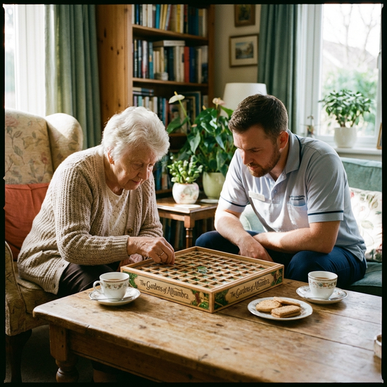 Pflegekraft und Senior sitzen am Tisch und spielen gemeinsam konzentriert ein Brettspiel
