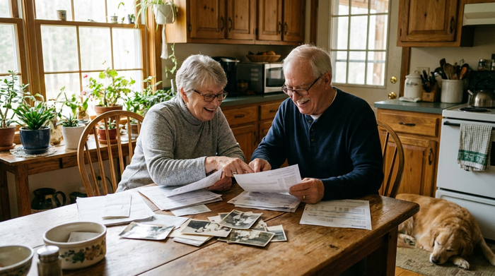 Älteres Ehepaar sitzt entspannt am Küchentisch und prüft gemeinsam Dokumente
