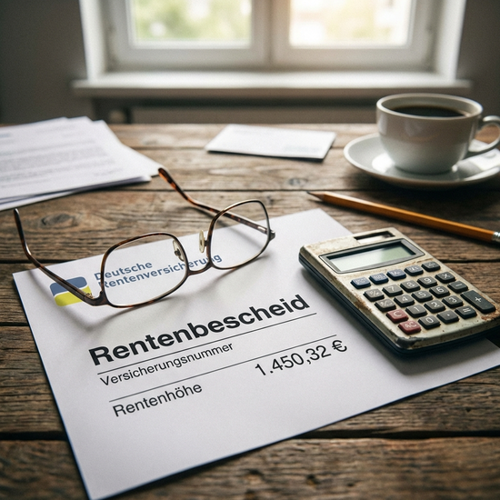 Nahaufnahme eines Rentenbescheids mit Brille und Taschenrechner auf einem Schreibtisch