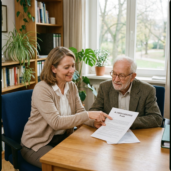 Freundliche Beraterin erklärt einem Senior ein Dokument