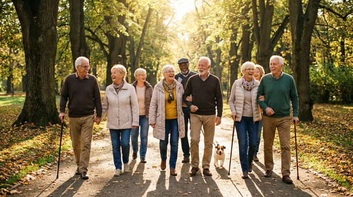 Fröhliche Senioren spazieren gemeinsam durch einen sonnigen Park