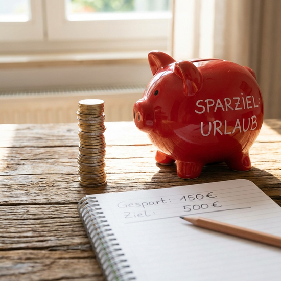 Sparschwein neben aufgestapelten Münzen und Notizblock auf einem Tisch