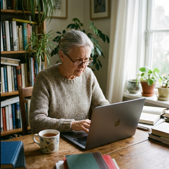 Seniorin arbeitet konzentriert an ihrem Laptop