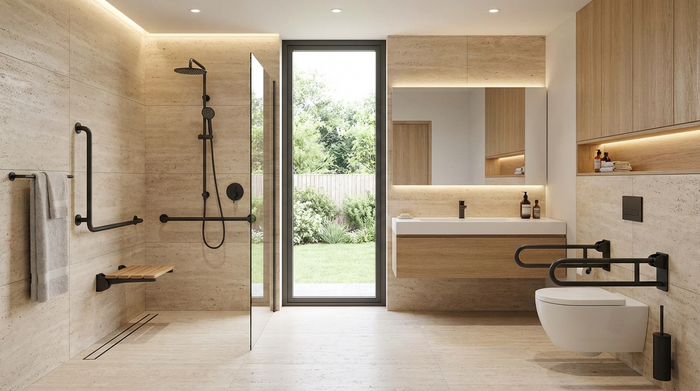 Modernes, barrierefreies Badezimmer mit Haltegriffen und bodengleicher Dusche