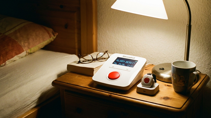 Hausnotruf-Gerät deutlich sichtbar auf einem Nachttisch