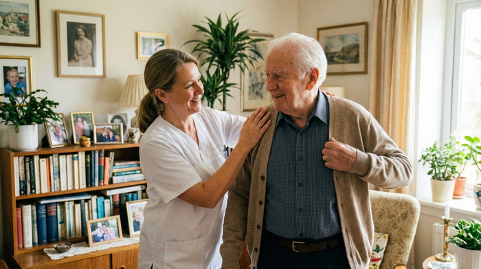 Pflegerin hilft älterem Herrn liebevoll beim Anziehen