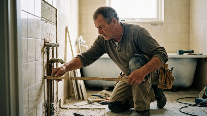 Erfahrener Handwerker misst mit einem Zollstock sorgfältig den Abstand in einem Badezimmer aus.