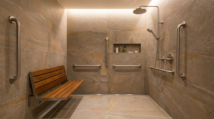 Großzügige, bodengleiche Dusche mit klappbarem Duschsitz und eleganten Haltegriffen.