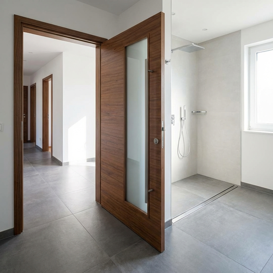 Breite Badezimmertür, die sich nach außen öffnen lässt, ohne Schwellen auf dem Boden.