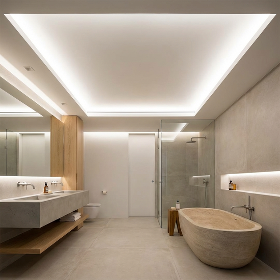 Helle, blendfreie Deckenbeleuchtung in einem modernen Badezimmer.