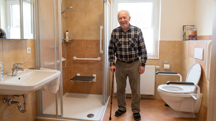 Zufriedener Senior steht lächelnd in seinem neu renovierten, barrierefreien Badezimmer.