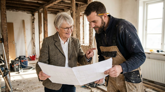 Ältere Dame betrachtet gemeinsam mit einem Handwerker einen Bauplan.
