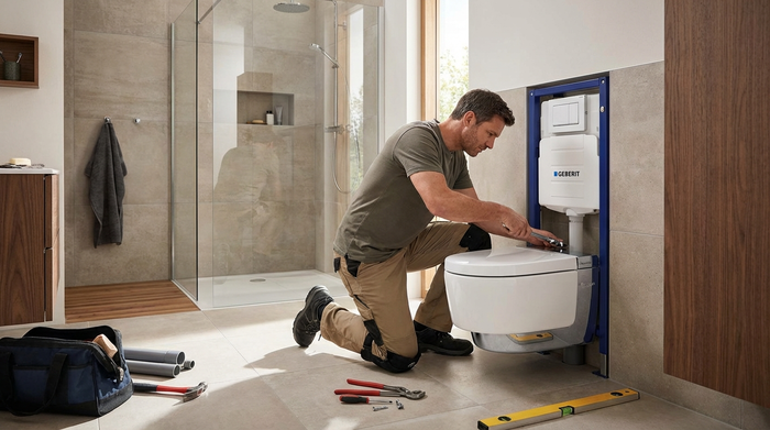 Handwerker installiert ein modernes, erhöhtes WC.