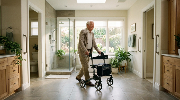 Älterer Herr geht sicher mit seinem Rollator durch ein geräumiges, helles Badezimmer.