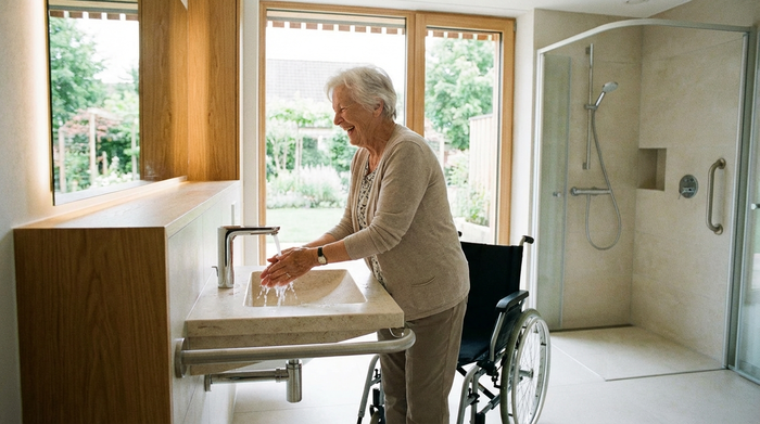 Glückliche Seniorin wäscht sich die Hände an einem neuen, barrierefreien Waschtisch.