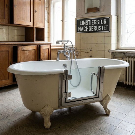 Badewanne mit einer nachträglich eingebauten, wasserdichten Einstiegstür.