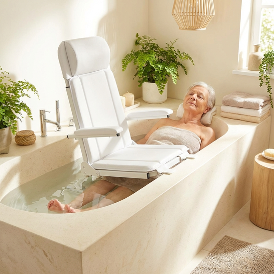 Komfortabler Badewannenlift mit Rückenlehne in einer hellen Wanne.