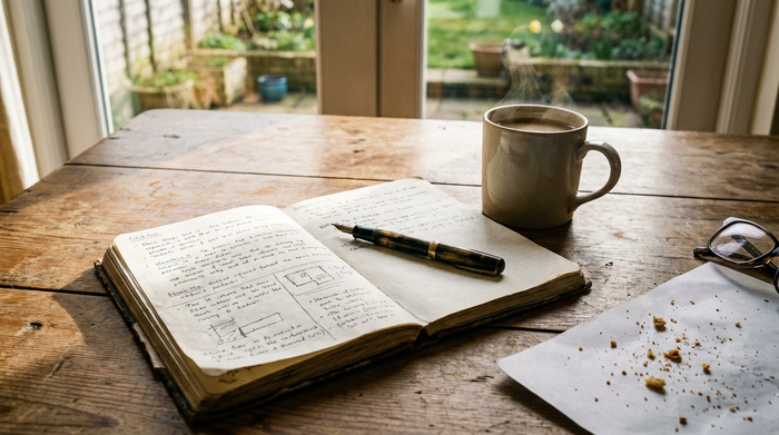 Ein aufgeschlagener Notizblock mit einem Stift liegt auf einem Holztisch, daneben eine Tasse Kaffee.