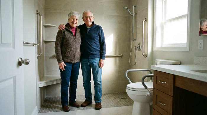 Älteres Ehepaar steht Arm in Arm und lächelt glücklich in ihrem neuen, sicheren Badezimmer.
