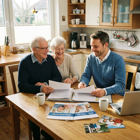 Freundlicher Berater sitzt mit einem älteren Ehepaar am Küchentisch und bespricht Unterlagen.