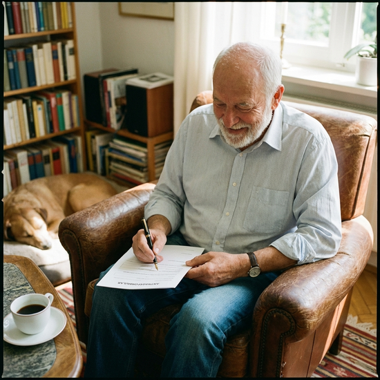 Älterer Herr füllt entspannt ein Antragsformular mit einem Stift aus.