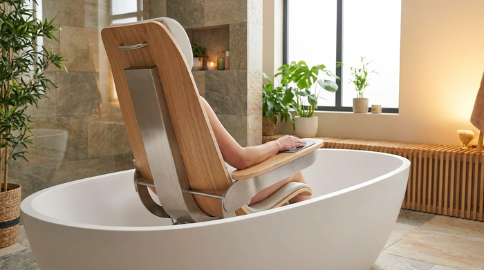 Ergonomischer Badewannenlift in einer weißen Badewanne.