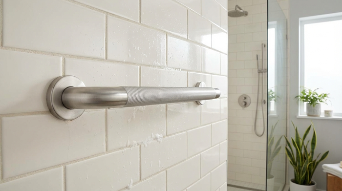 Sicherer Haltegriff an einer hell gefliesten Badezimmerwand.