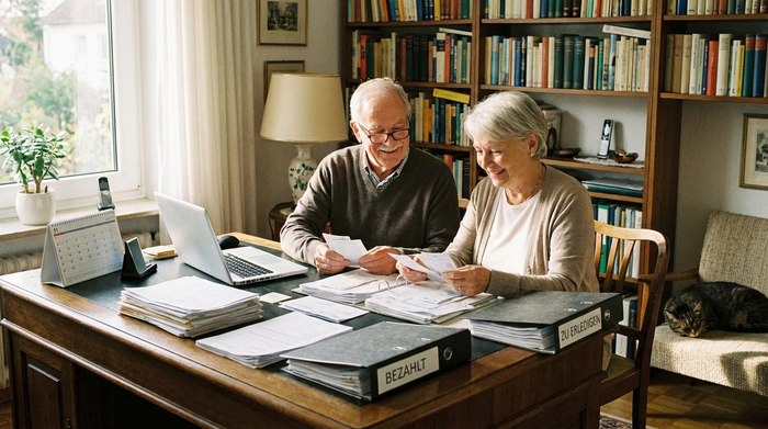 Zufriedenes älteres Ehepaar sitzt am Schreibtisch und sortiert übersichtlich Rechnungen.