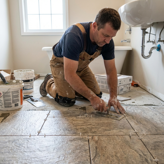 Handwerker in Arbeitskleidung verlegt fachgerecht rutschfeste Bodenfliesen im Badezimmer.