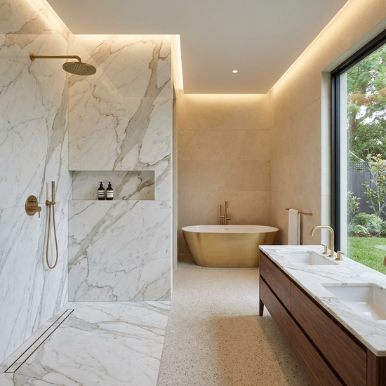 Fertiggestelltes, elegantes Badezimmer mit ebenerdiger Dusche und hochwertigen Armaturen.