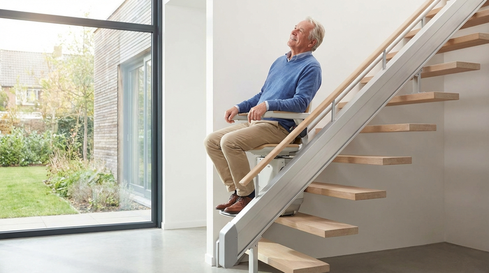 Lächelnder älterer Herr fährt entspannt auf einem modernen Treppenlift nach oben