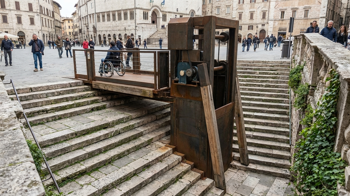 Massiver Plattformlift für Rollstuhlfahrer an einer breiten Steintreppe