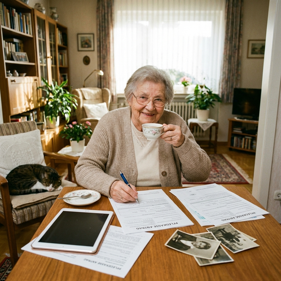 Ältere Dame füllt entspannt Formulare für die Pflegekasse aus